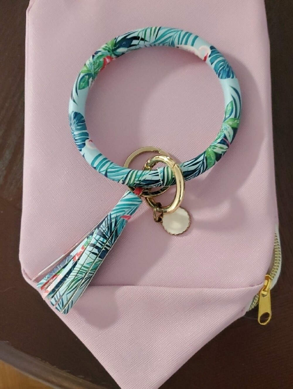 Floral Palm Print Wristlet Keyring with Tassel - Blue/Teal